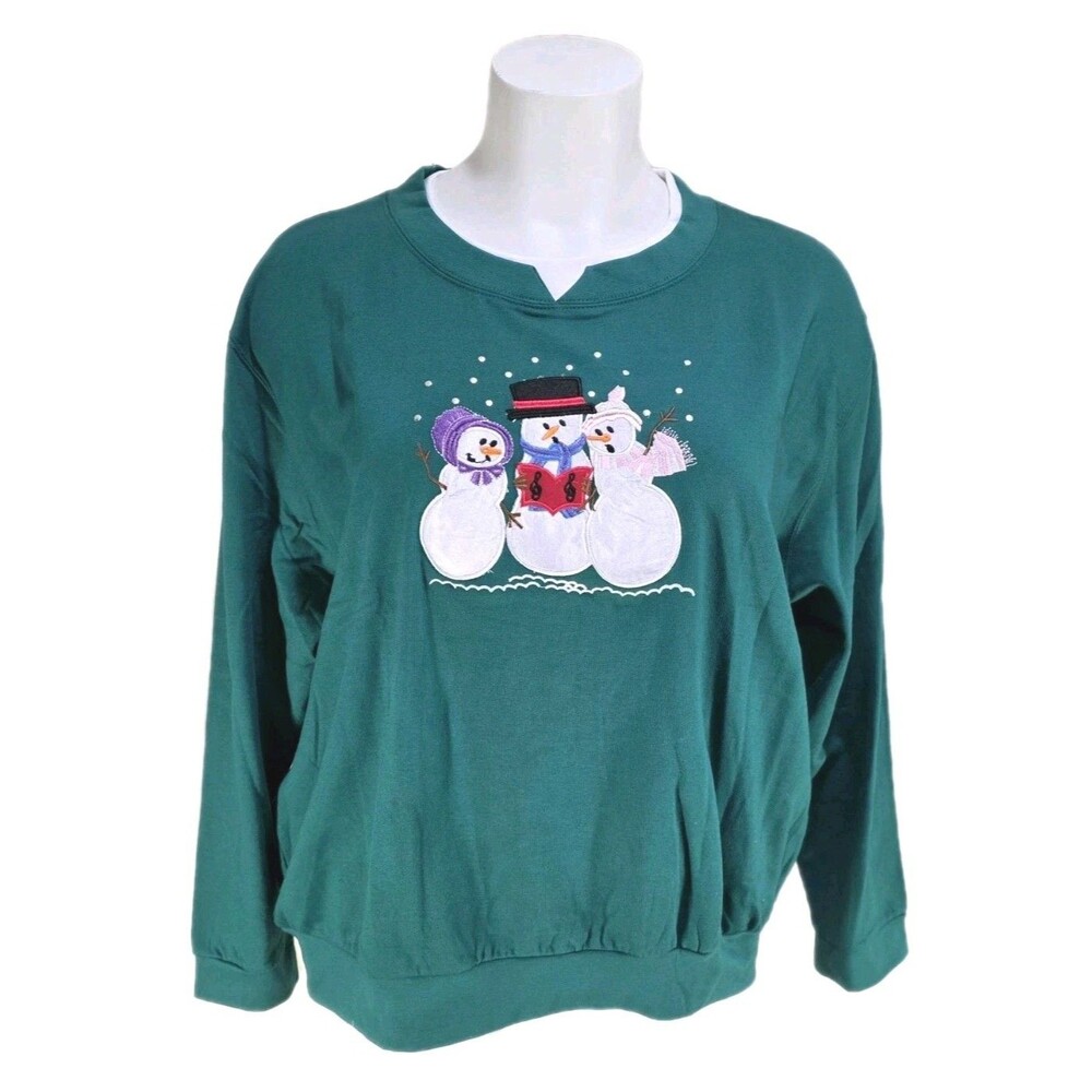 VTG Women’s Plus Embroidered Snowman 4X Sweatshirt Green NWOT Easy Essentials